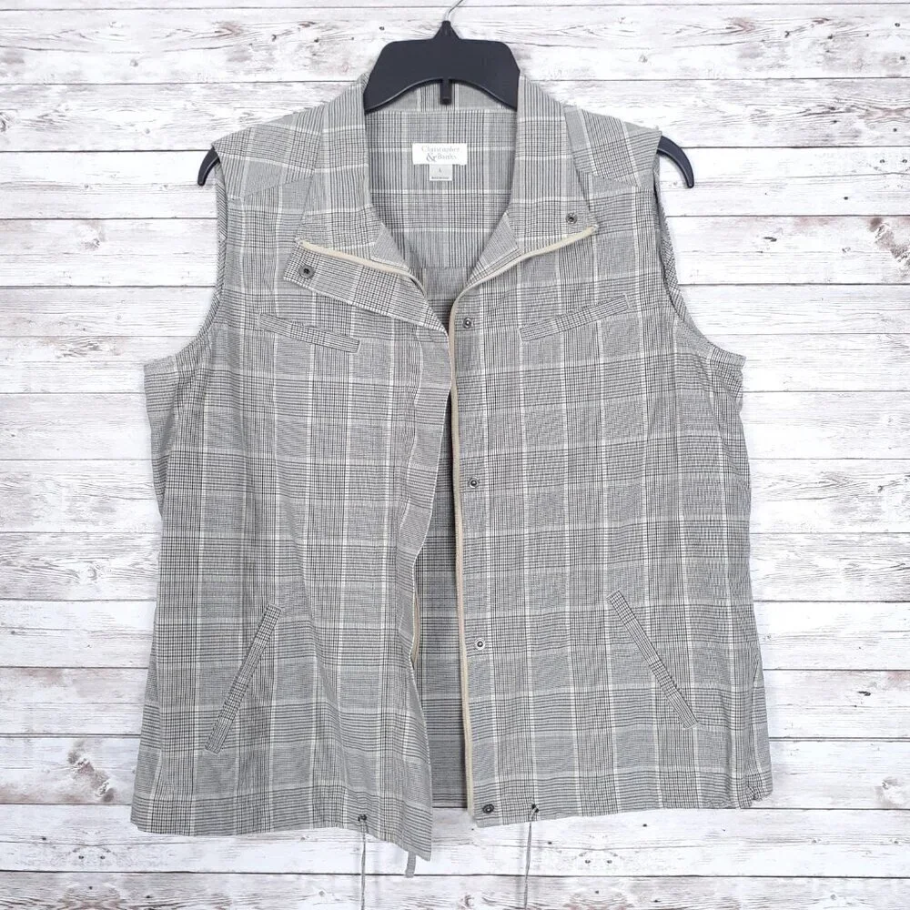 Christopher & Banks Womens Vest L Beige Black Plaid Zip Snap 247 - Picture 2 of 7